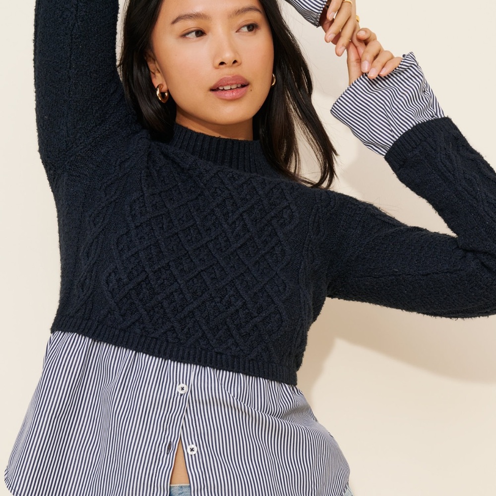 Maeve Navy Cable-Knit Crewneck Sweater